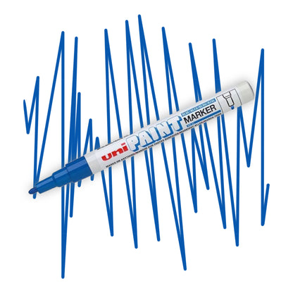 Uni industrial, oil based art marker in blue.