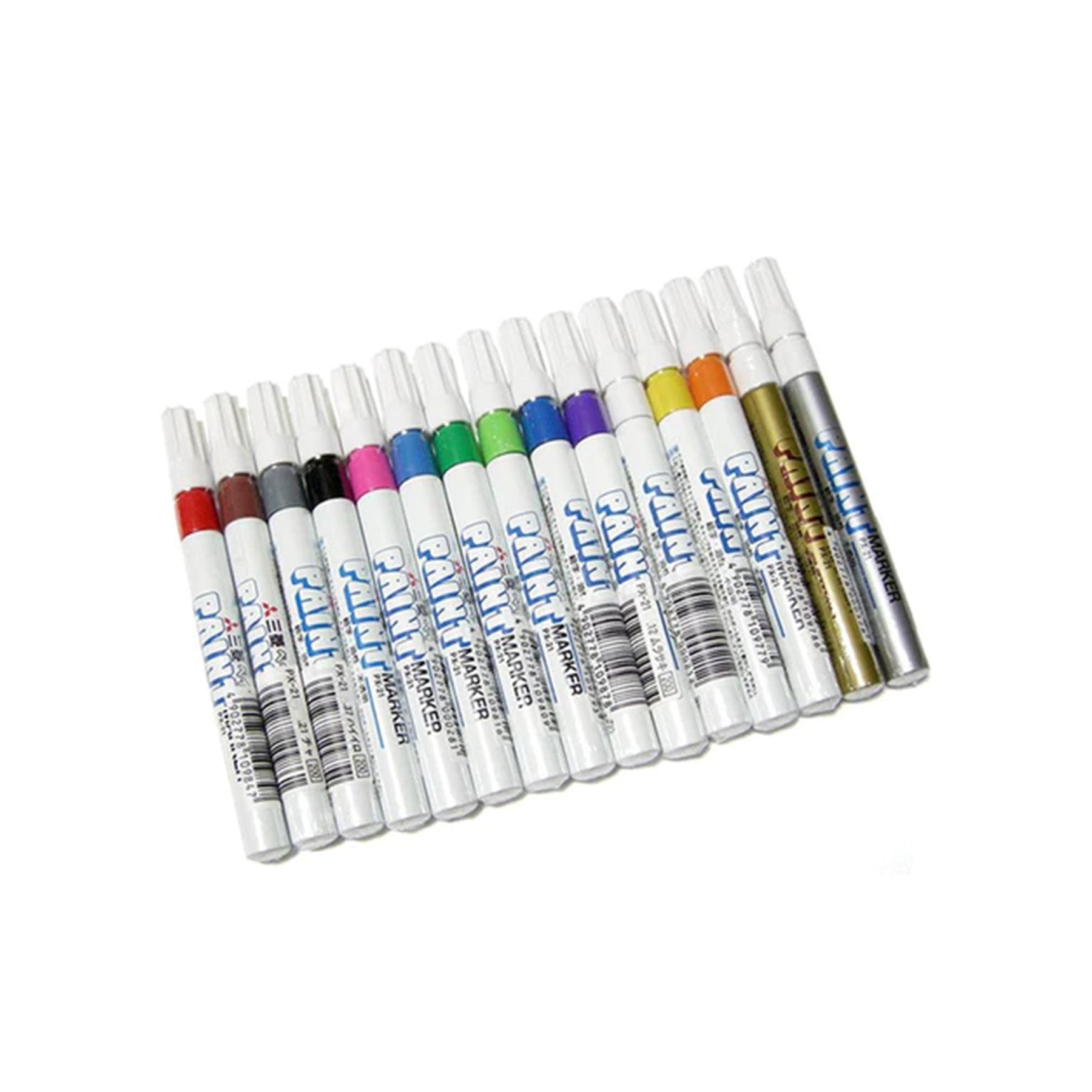 A line up of white markers with colored caps, the label reads "PAINT" on each. From  left to right: red, brown, grey, black, pink, light blue, green, yellow green, blue, violet, white, yellow, orange, gold, silver.