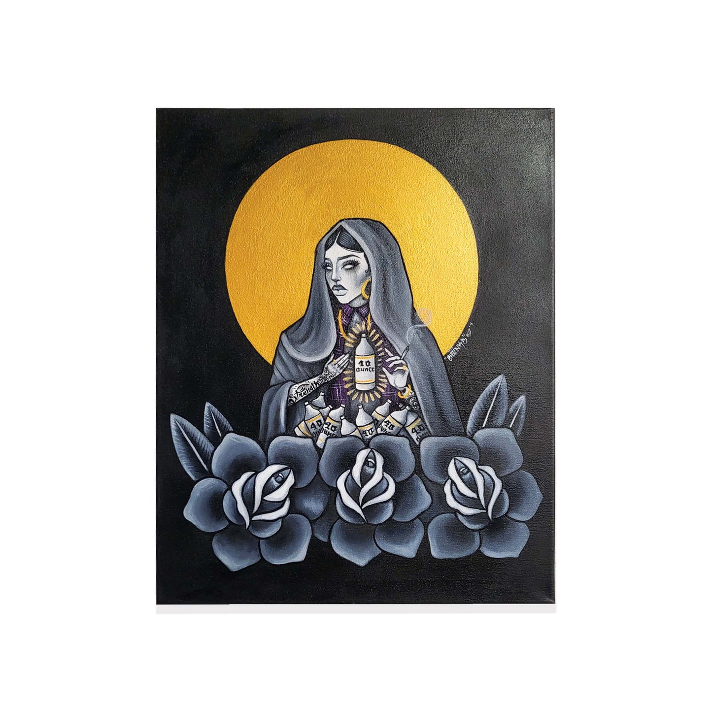 Painting of a mother Mary character with 40oz bottles and flowers.