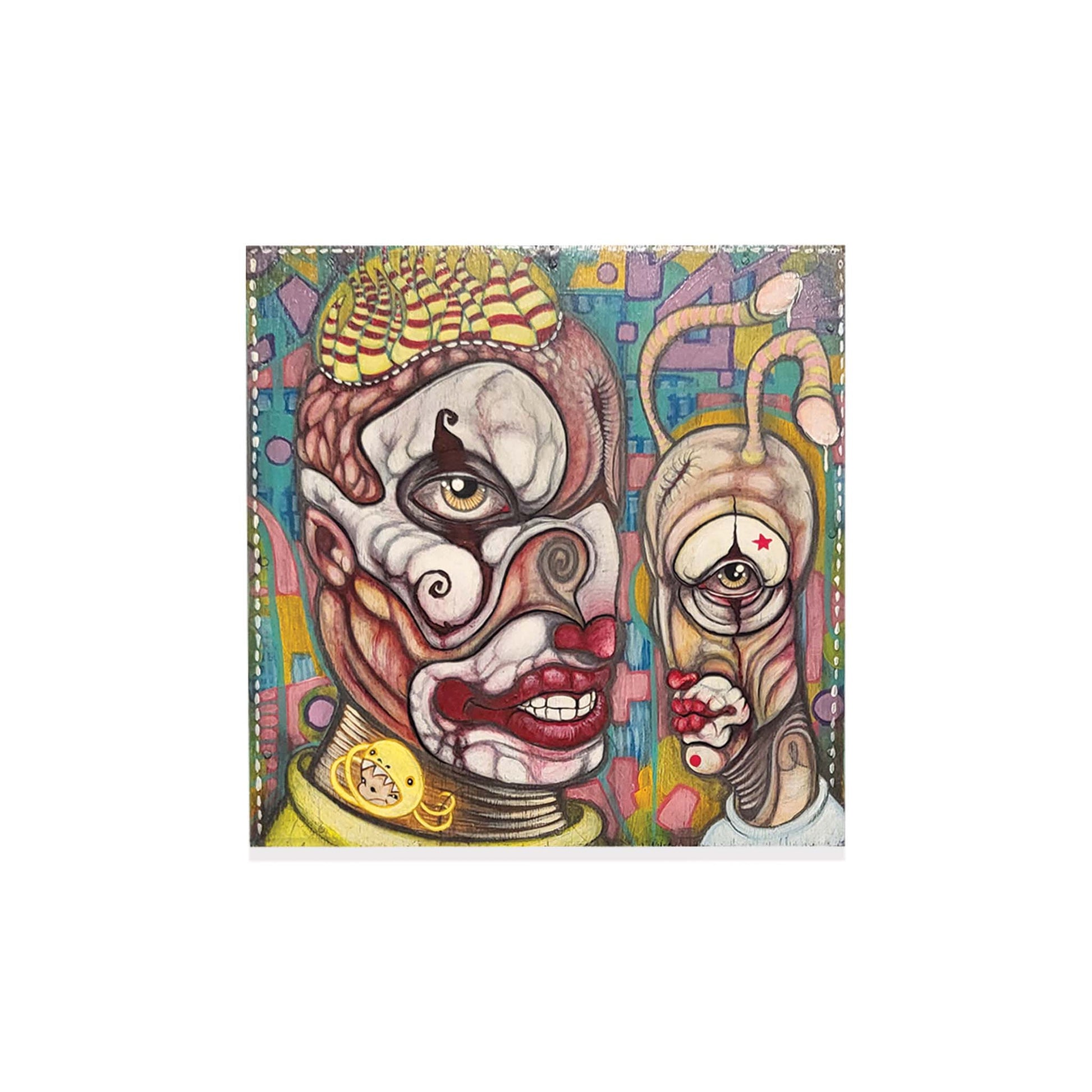 Colorful abstract art piece with two stylized faces on a white background.