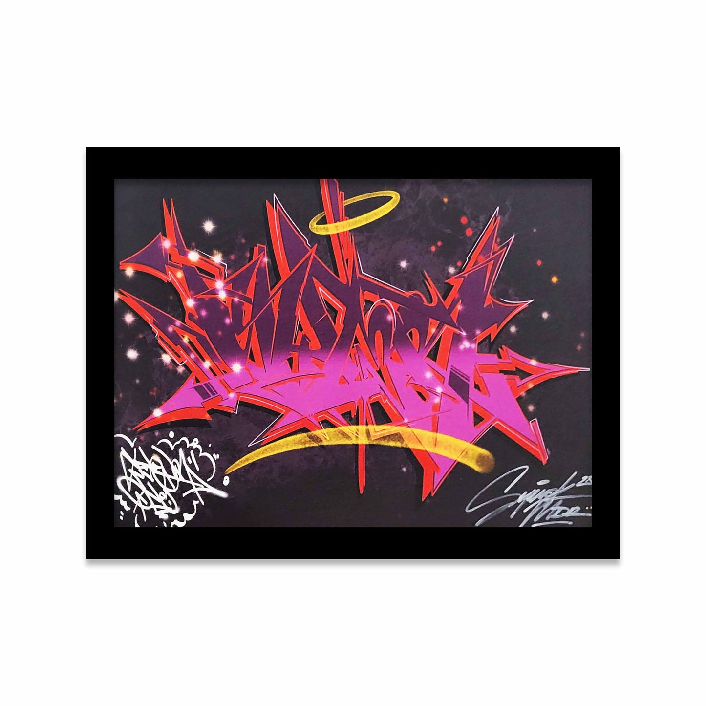 Bright pink, red and purple graffiti style letters, framed paper.