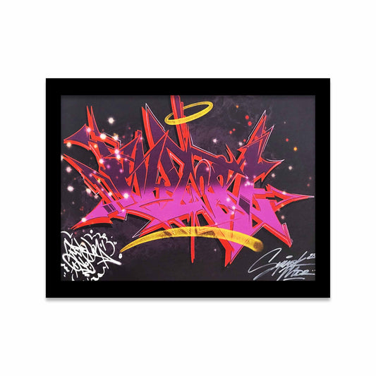 Bright pink, red and purple graffiti style letters, framed paper.