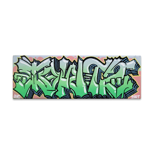 Green and blue canvas with graffiti style letters.