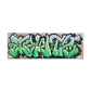 Green and blue canvas with graffiti style letters.