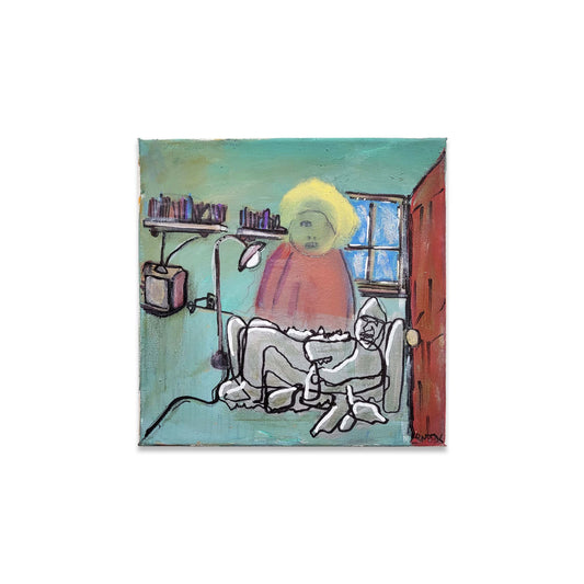 Painted canvas of a man standing in the room of a house with a window and TV.