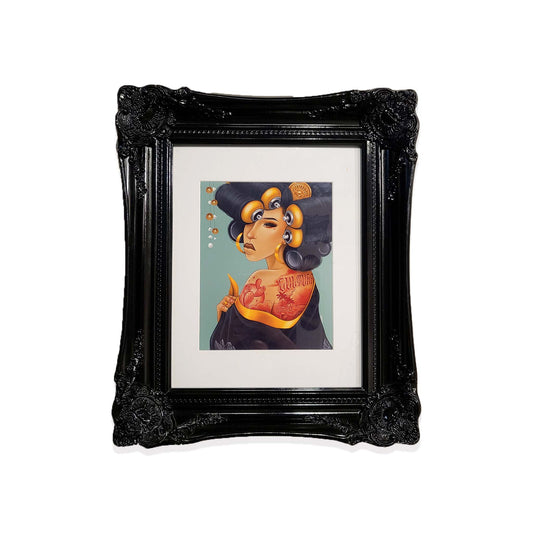Chicano style art of a women with spray paint cans as curlers in her hair, with a thick intricate frame.