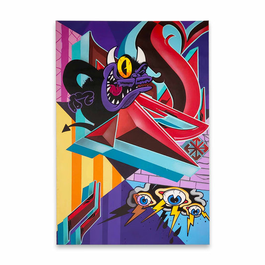 Colorful abstract painting with cartoon characters on a white background.