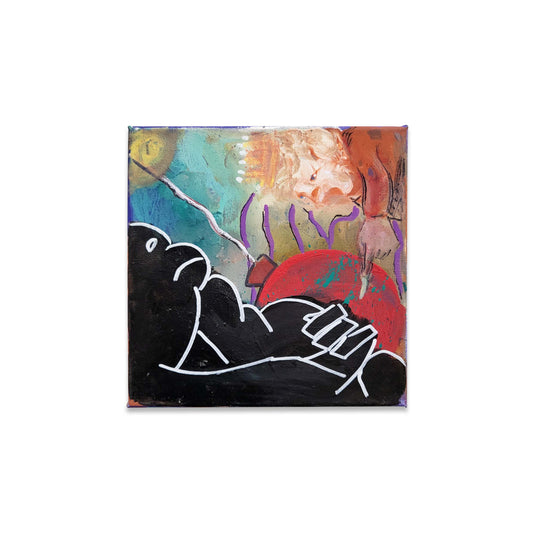 An abstract painting of a boy and a red balloon.