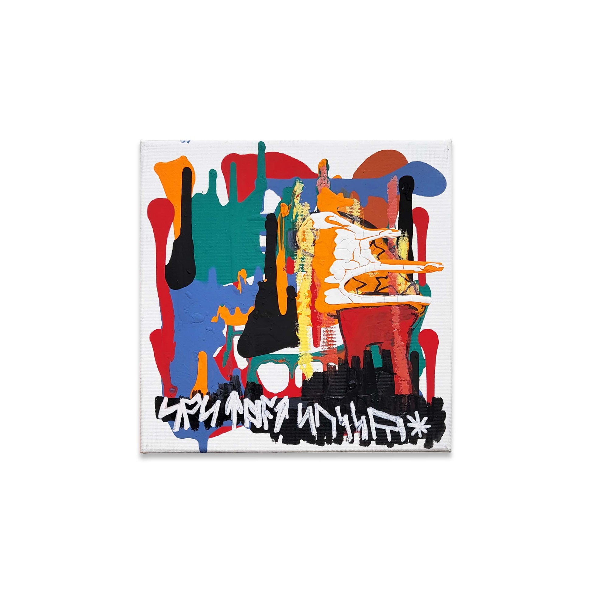 An abstract painting of multicolored paint drips with white writing.