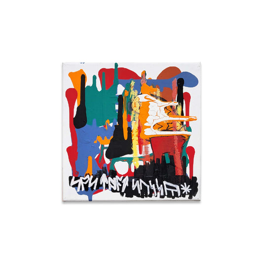 An abstract painting of multicolored paint drips with white writing.