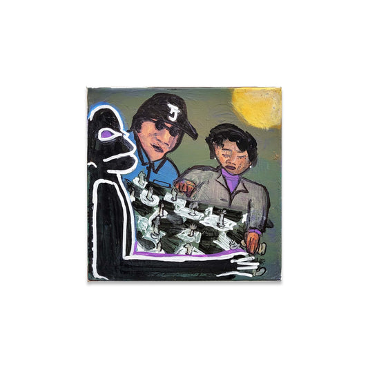 A painted canvas of two people playing chess.