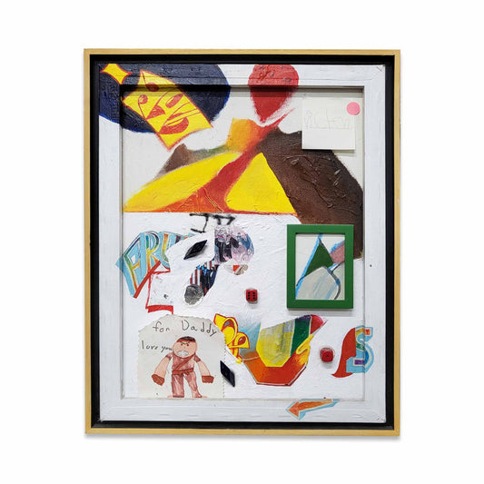 A framed canvas with a mixed media collage.