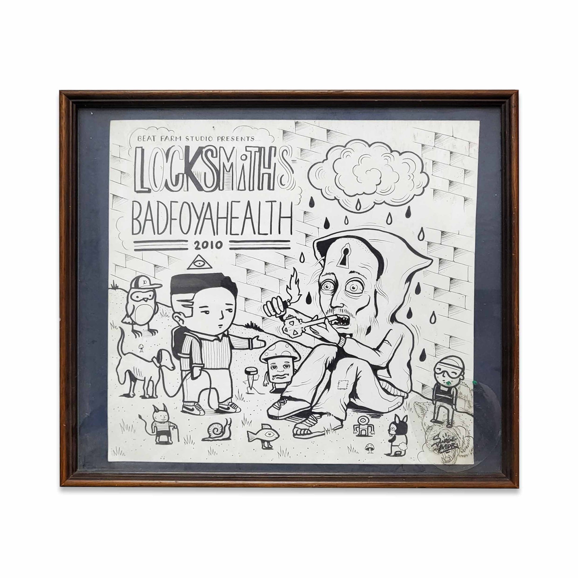 A framed black and white drawing of a man reaching out to another man wearing a hood with writing ' LockSmiiths Badfoyahealth 2010'.