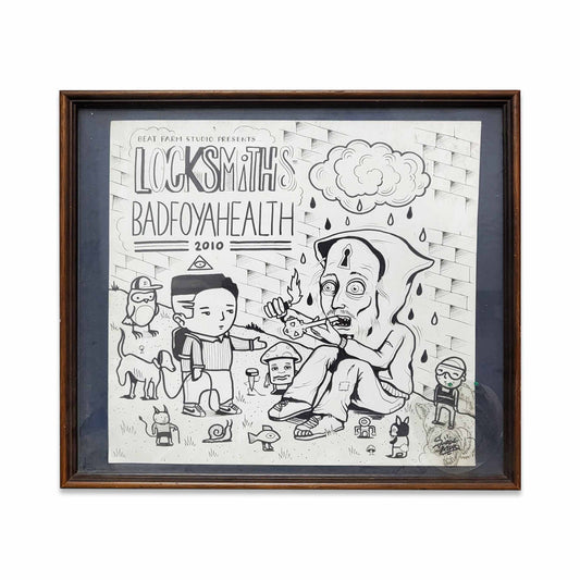 A framed black and white drawing of a man reaching out to another man wearing a hood with writing ' LockSmiiths Badfoyahealth 2010'.