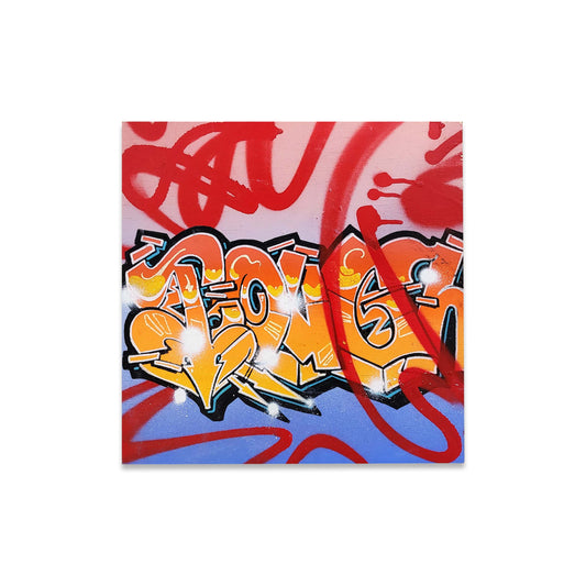 Graffiti style painted artwork with graffiti style letters.