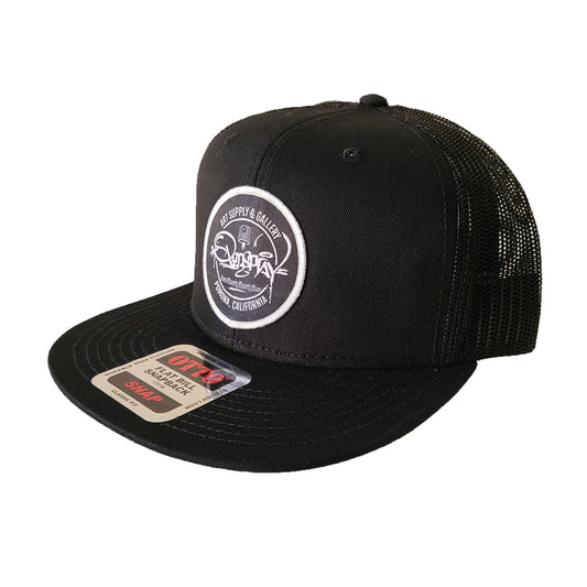 black mesh cap with black and silver overspray patch
