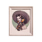 Framed artwork of a woman with a wide-brimmed hat and floral accessories on a white background.