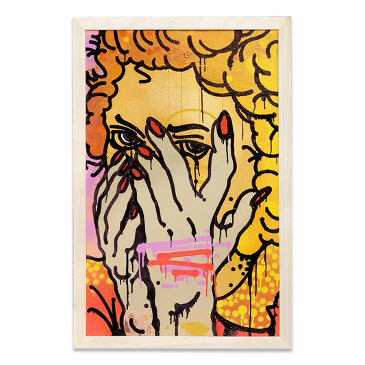 Wooden framed painting of a person with their hands covering their face with paint drips.