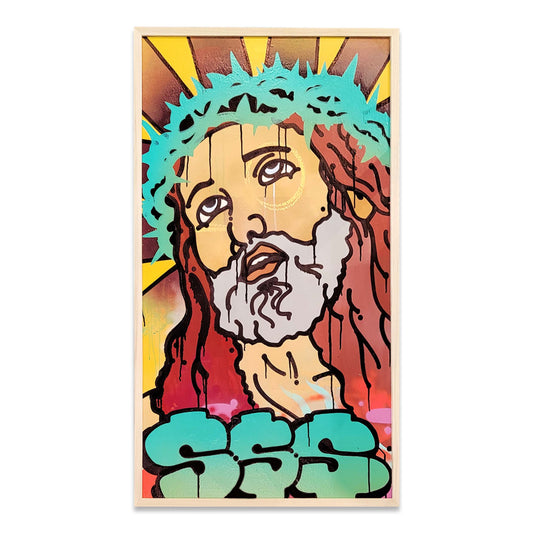 A wooden framed painting of jesus christ in a graffiti style.