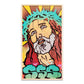 A wooden framed painting of jesus christ in a graffiti style.
