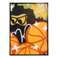 A black framed painting of a masked figure with baskestballs in a graffiti style.