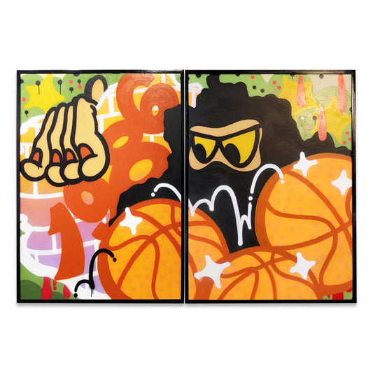 Two black framed paintings showing a masked character with basketballs and the numbers 1986 in a bold orange font.