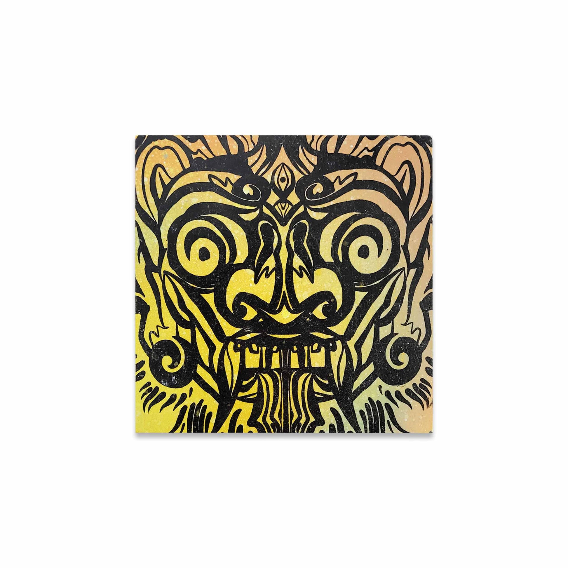 A bright yellow canvas with bold black lines depicting a chinese lion.