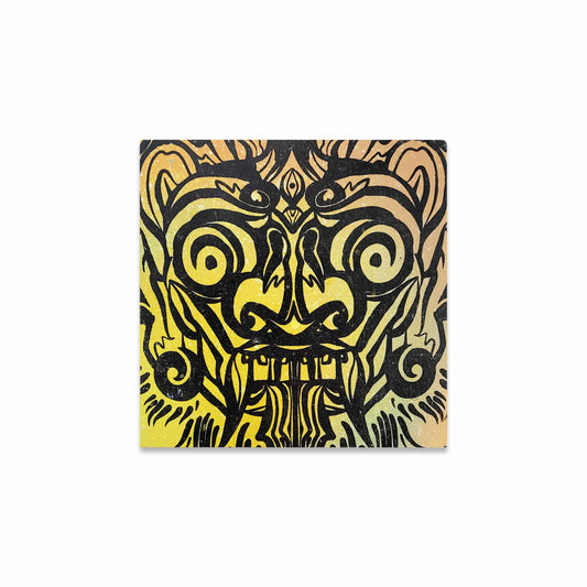A bright yellow canvas with bold black lines depicting a chinese lion.