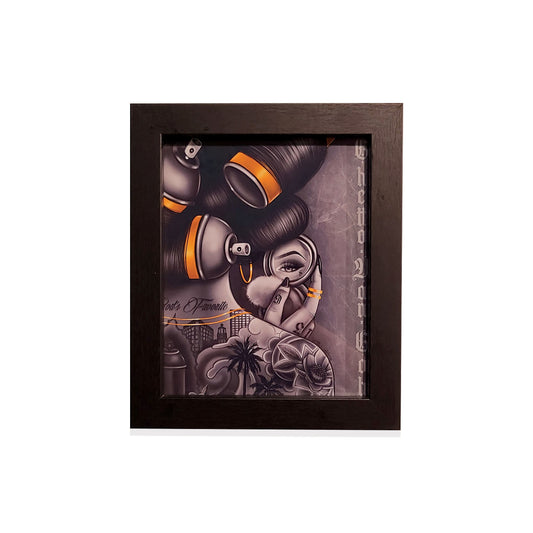 Framed artwork with a stylized depiction of spray cans and urban elements on a white background.