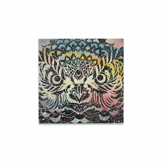 A brighty colored canvas with stencil black lines.