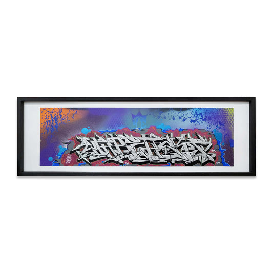 A blue graffiti style painting with silver letters in a black frame.