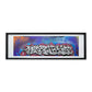 A blue graffiti style painting with silver letters in a black frame.
