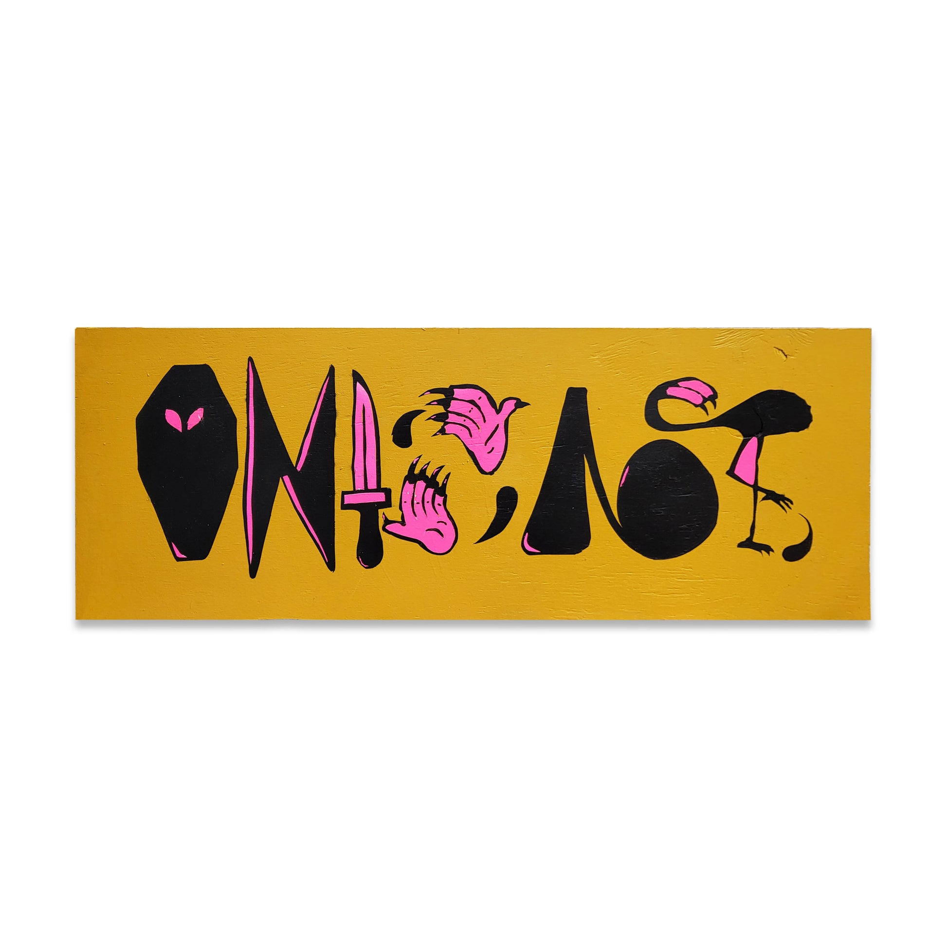 A folk style painting with various black and pink symbols on a mustard yellow background.