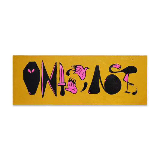 A folk style painting with various black and pink symbols on a mustard yellow background.