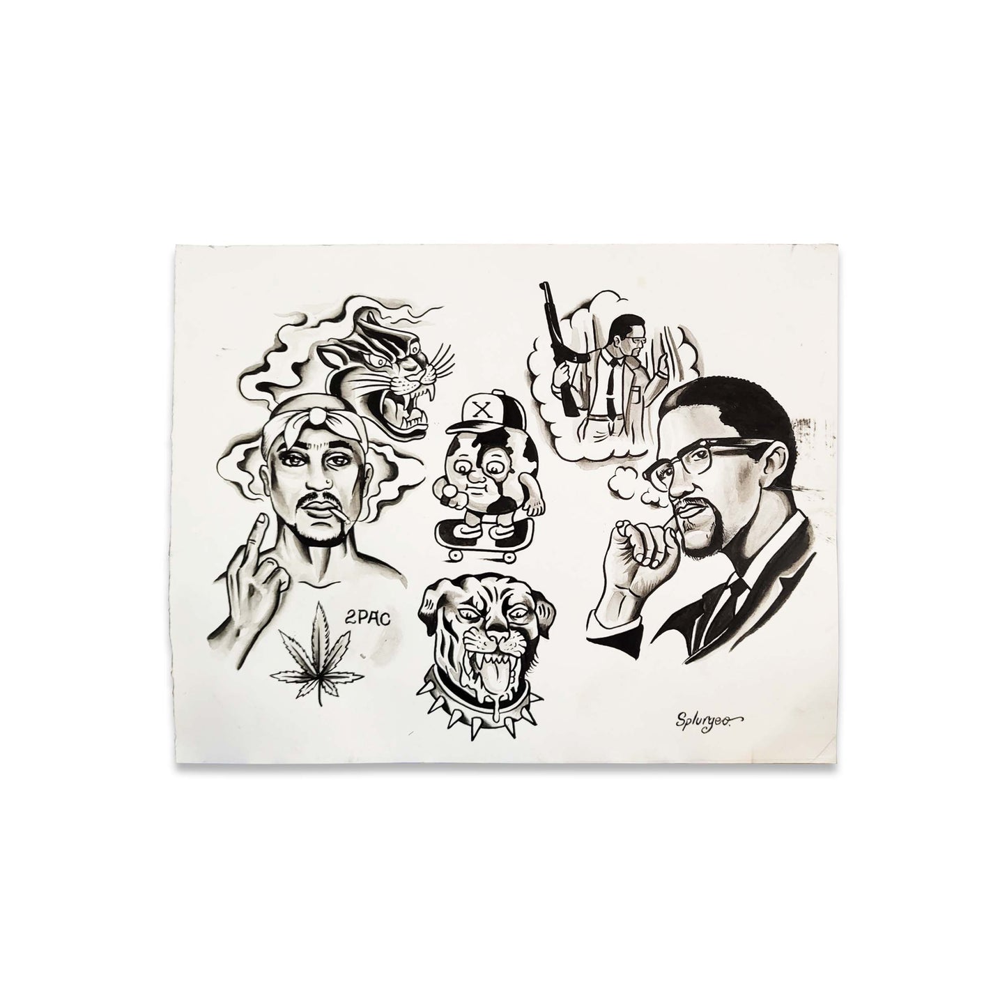 A white sheet of paper with various black and greyscale drawings in a tattoo style.