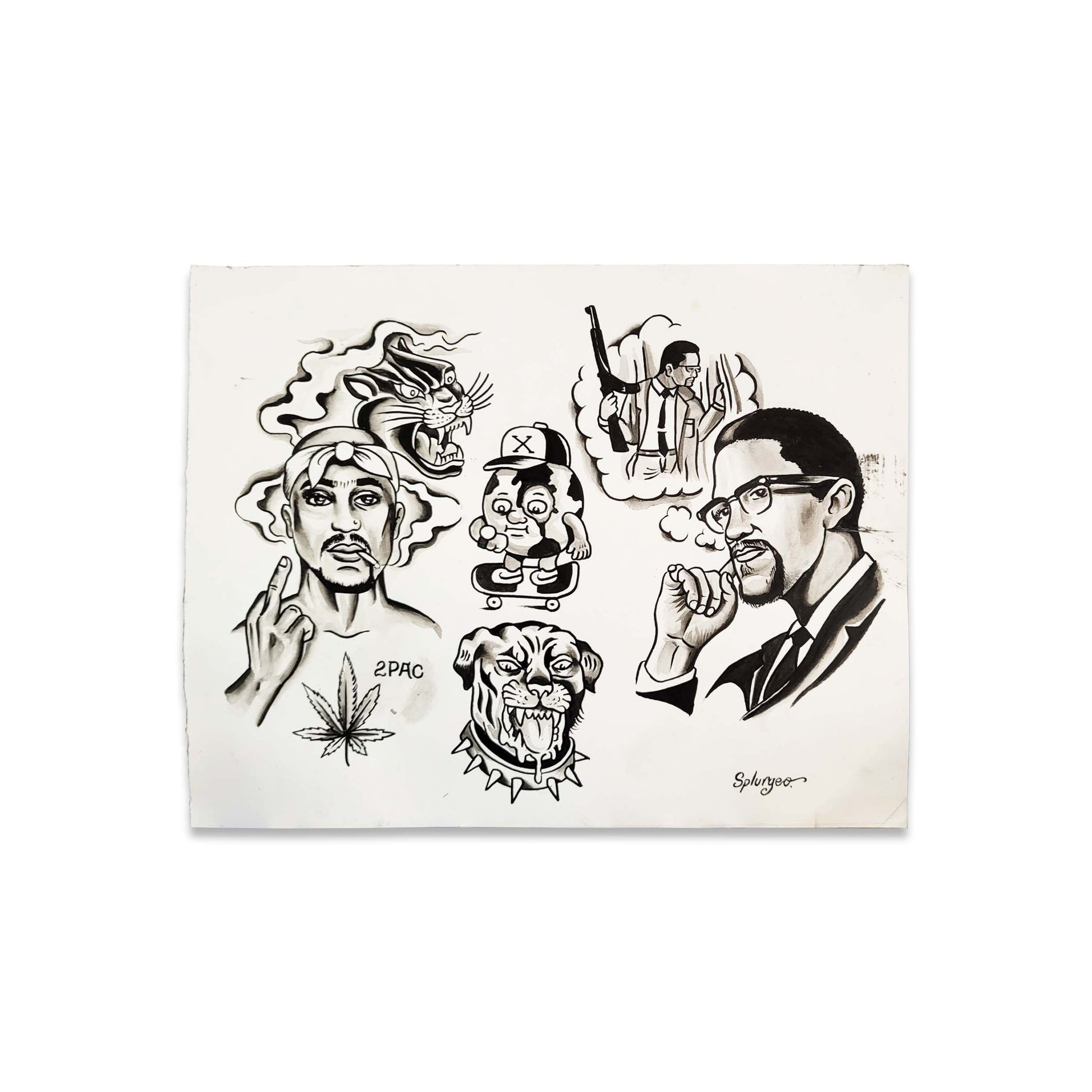 A white sheet of paper with various black and greyscale drawings in a tattoo style.