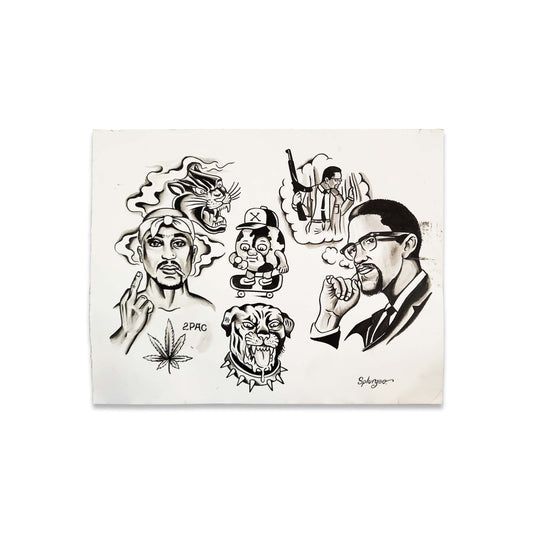 A white sheet of paper with various black and greyscale drawings in a tattoo style.