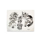 A white sheet of paper with various black and greyscale drawings in a tattoo style.
