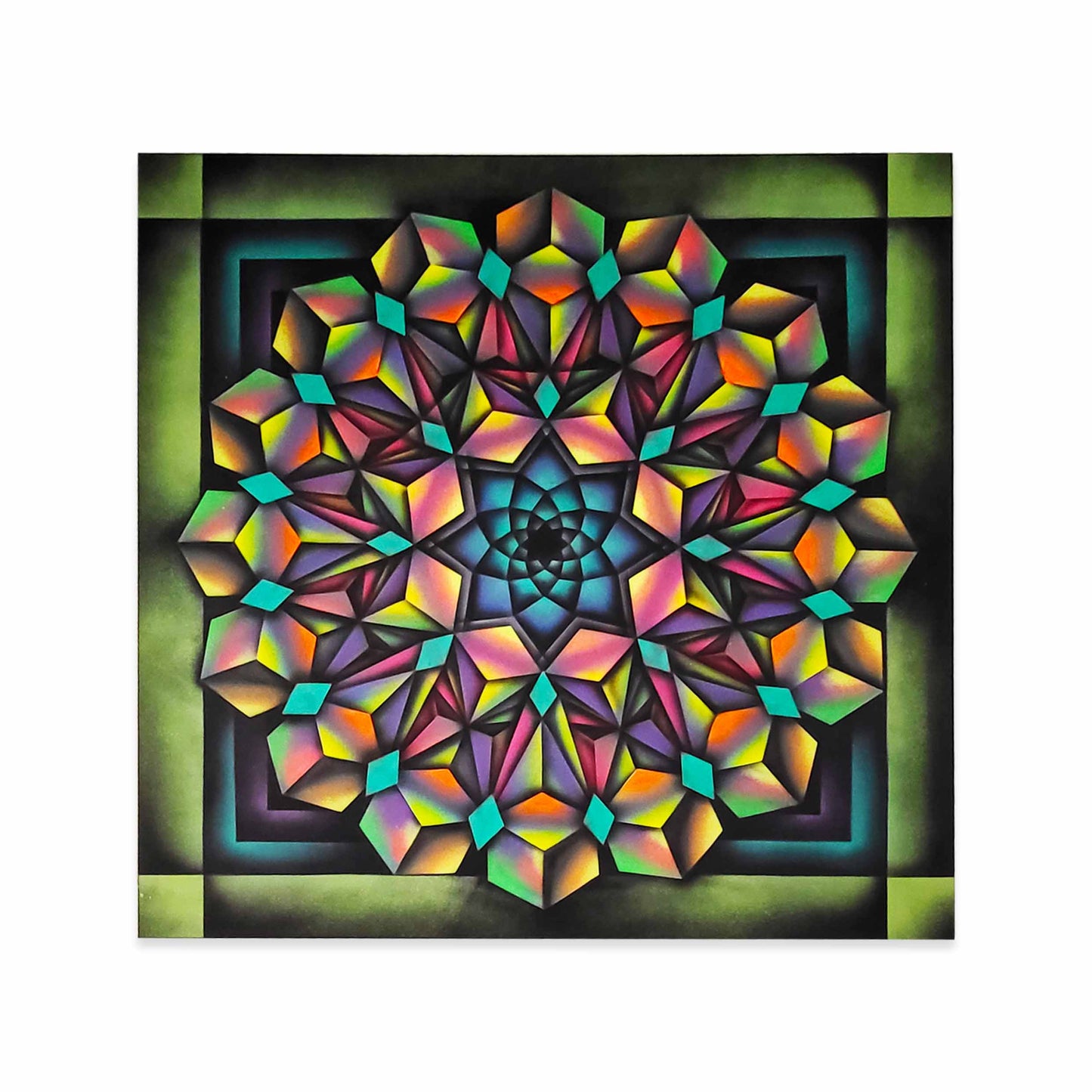 A square abstract art painting of a vibrant, symmetrical geometric mandala design with a spectrum of neon colors including pink, yellow, green, blue, and purple, set against a dark background with a green border.