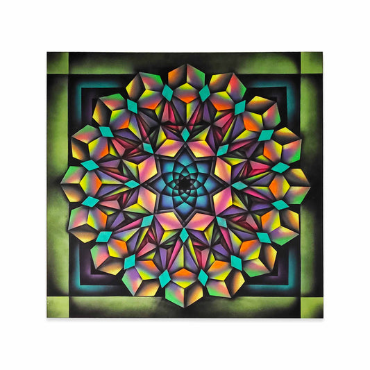 A square abstract art painting of a vibrant, symmetrical geometric mandala design with a spectrum of neon colors including pink, yellow, green, blue, and purple, set against a dark background with a green border.