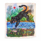 A painted canvas featuring a colorful illustration of a black panther leaping over blue water, with green foliage, a red sun, and fish below, shown against a plain white background.