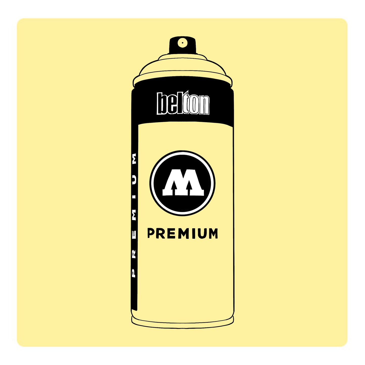 A black outline drawing of a light pastel yellow spray paint can with the words "belton","premium" and the letter"M" written on the face in black and white font. The background is a color swatch of the same light pastel yellow with a white border.