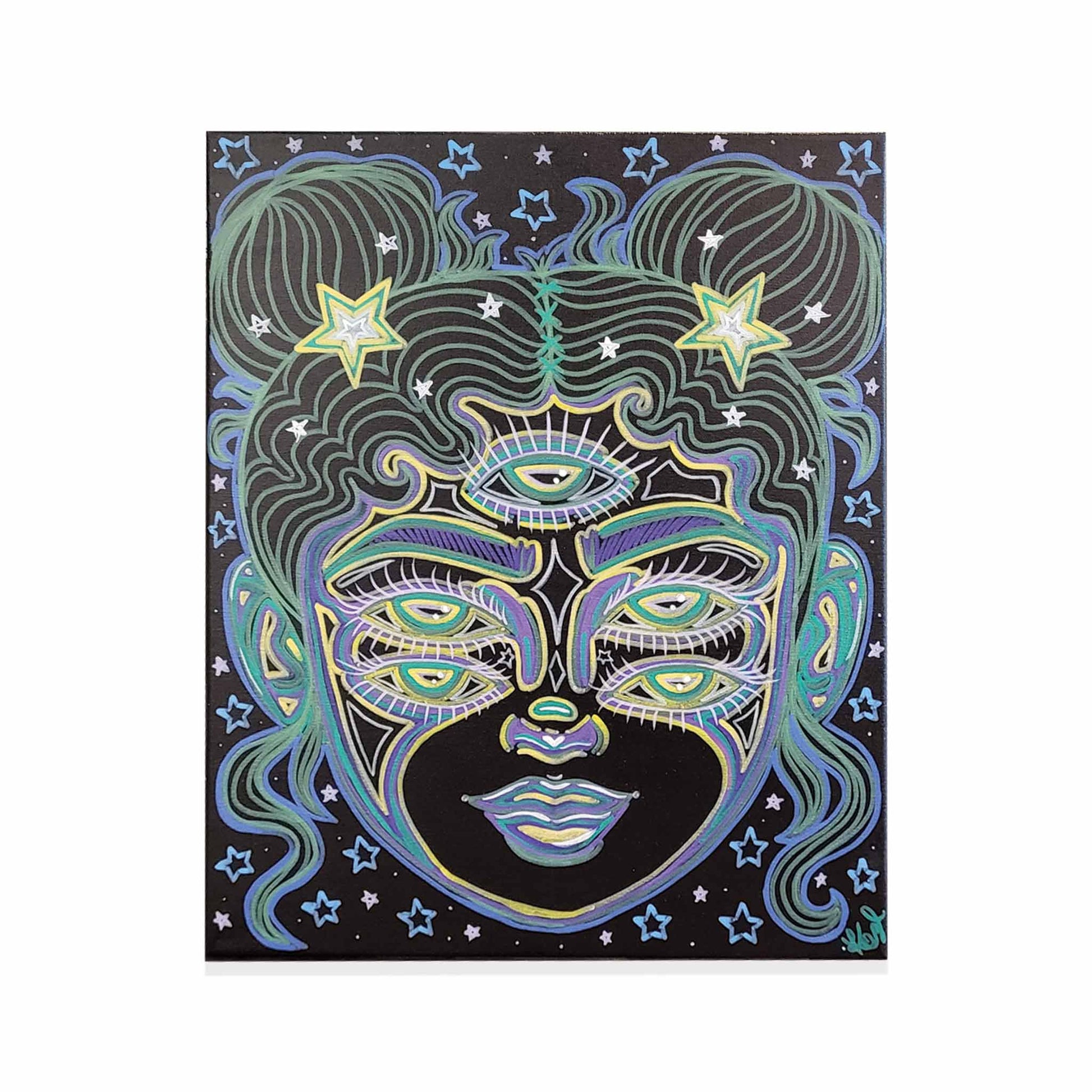 Black painted canvas with muticolored psycadelic style lines in the shape of a womans face.