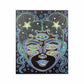 Black painted canvas with muticolored psycadelic style lines in the shape of a womans face.
