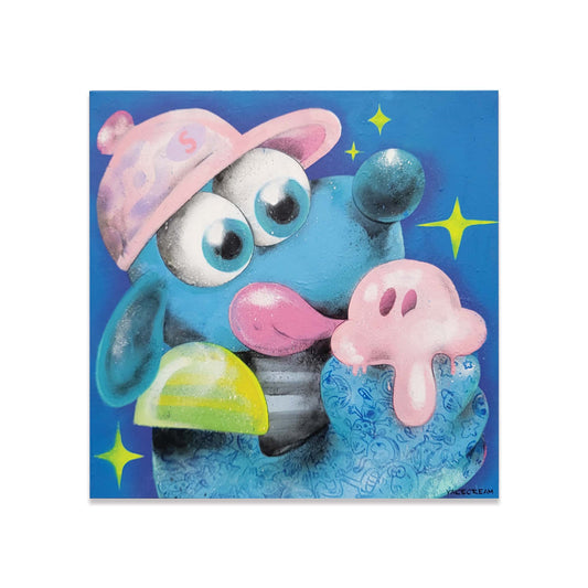 Painted canvas of a blue dog wearing a pink hat while eating a pink ice cream cone on a blue background.