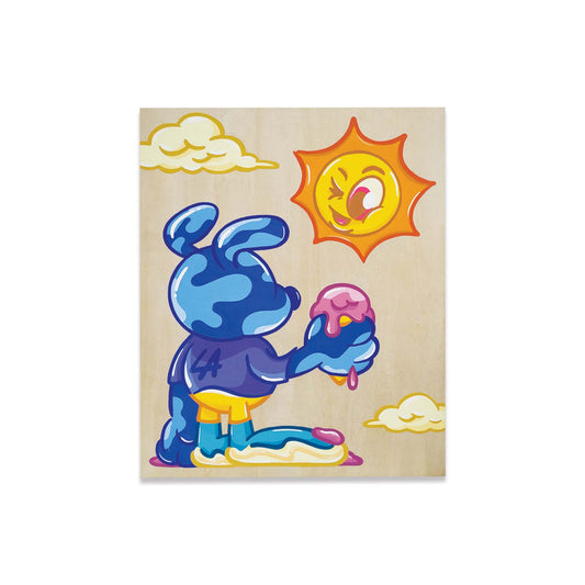 Wooden panel with a colorful painting of a blue spotted dog standing with an ice cream cone looking at the sun.