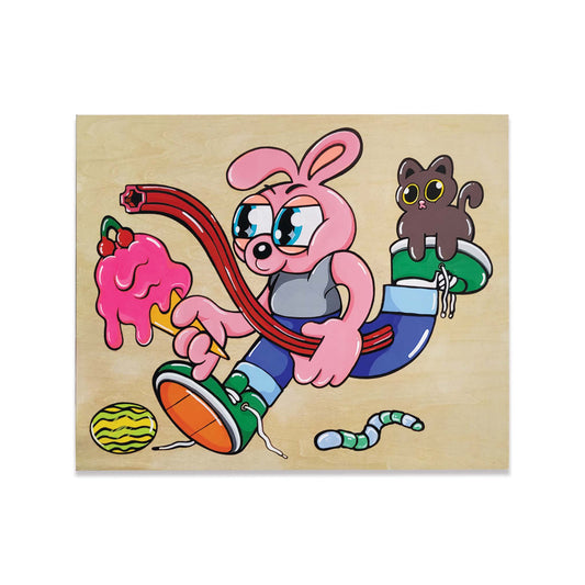 Colorful cartoon rabbit holding candy and ice cream with a cat on a wooden board.
