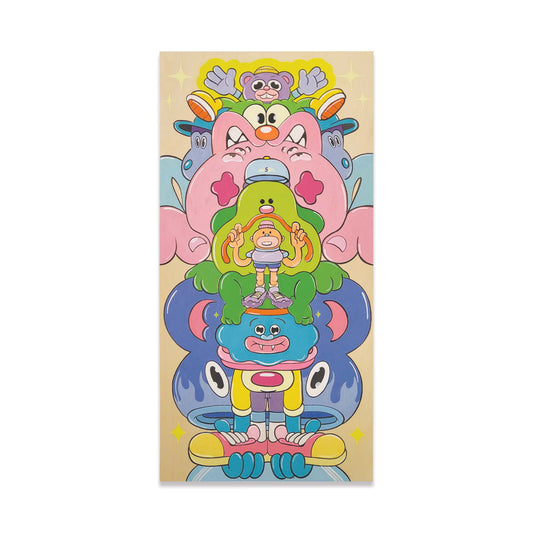 Bright colored painting of various cartoon characters on wood panel.
