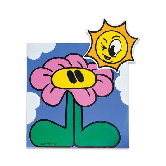Colorful painted cartoon flower with a winking sun.