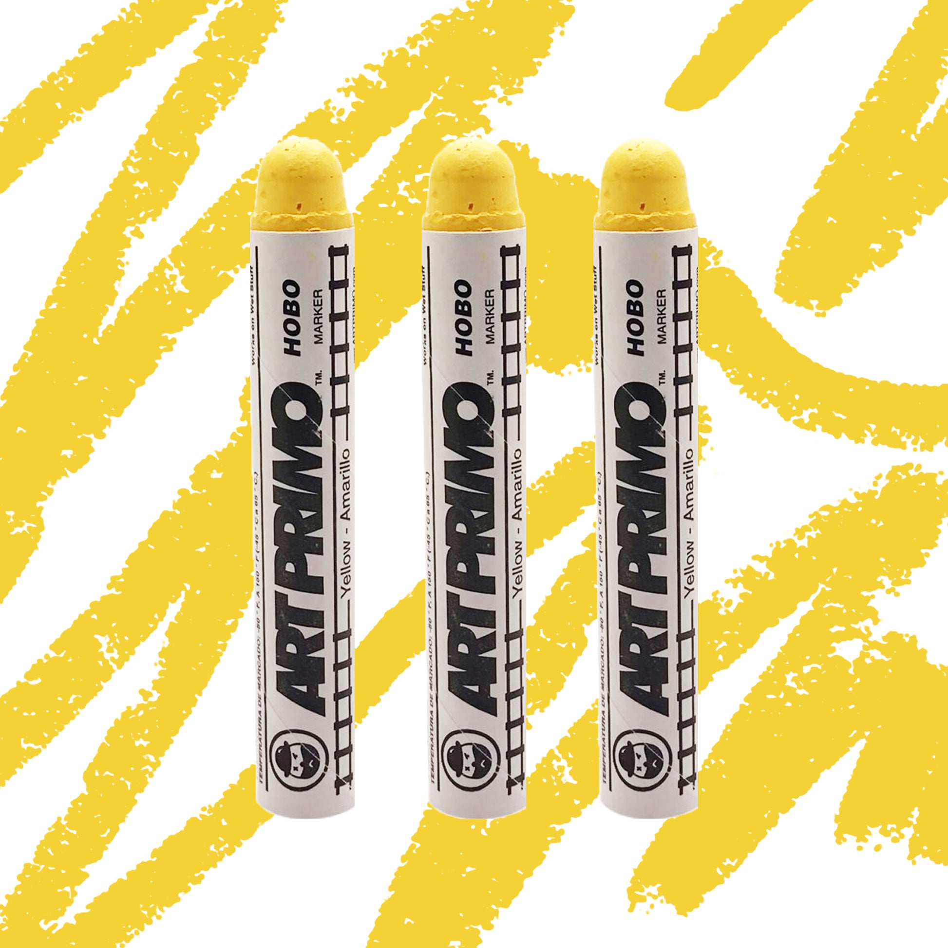 Three yellow crayon type markers with a white label reading "Art Primo"